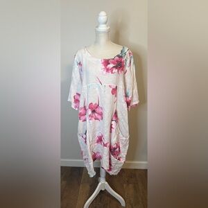 Vasna Floral Linen Lagenlook Dress Made In Italy Sz XL